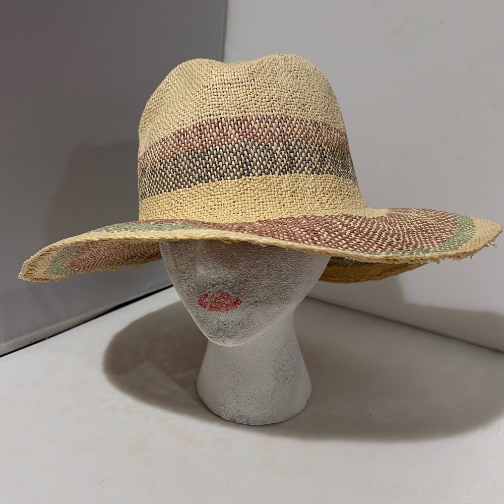 Woven Paper Straw Sun Hat Wide Brim Fedora Striped Boho Beach Tan Green 57cm - Picture 1 of 7